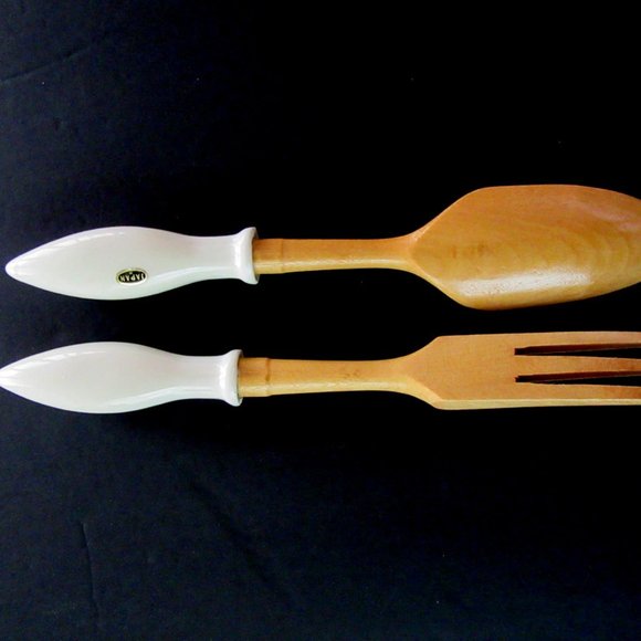 Ceramic & wood yellow floral fork and spoon salad serving pieces - Japan - Picture 2 of 12